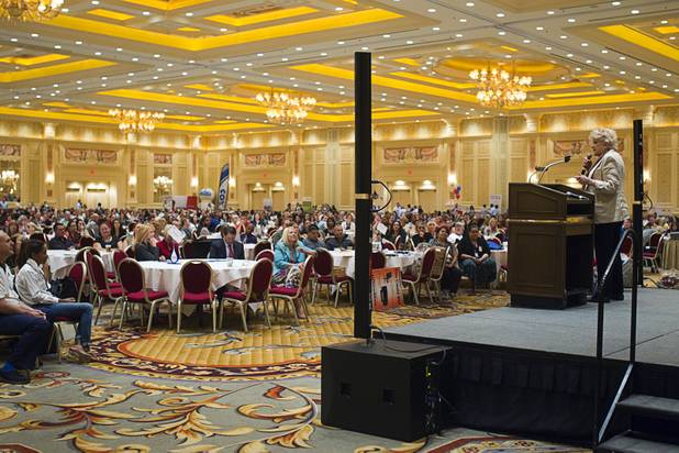 Las Vegas Mayor Carolyn Goodman, right, speaks to new teachers during a Clark County School District orientation session at the Venetian Thursday, Aug. 15, 2013. Over 1,700 teachers took part in the orientation.