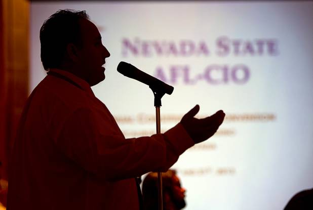 Darren Enns, secretary-treasurer of the Southern Nevada Building & Construction Trades Council, speaks during the Nevada State AFL-CIO convention at the Excalibur Tuesday, Aug. 20, 2013.