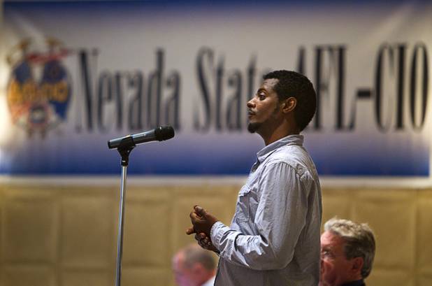 Kahsay Andom, a cab driver turned union organizer, waits to speak during the Nevada State AFL-CIO convention at the Excalibur Tuesday, Aug. 20, 2013.