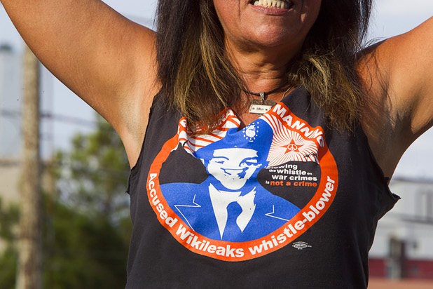 Mary Lou Anderson wears a shirt supporting Army Pfc. Bradley Manning in front of the Lloyd George Federal Building in downtown Las Vegas Wednesday, Aug. 21, 2013. A military judge sentenced Manning to 35 years in prison for leaking hundreds of thousands of classified documents to WikiLeaks.