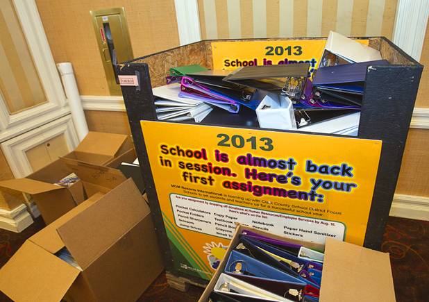 Boxes of school supplies are shown during MGM Resorts' annual Educator Appreciation Day and Back to School Fair at the Mirage Thursday, Aug. 22, 2013. More than 18,000 teachers were invited to gather schools supplies donated by MGM Resorts employees.