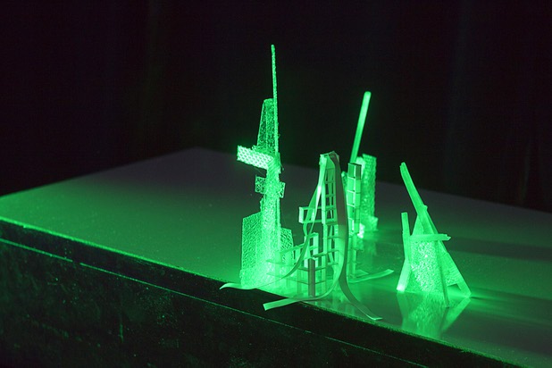 Sculptures are shown on a testing table at the P3 Gallery in the Cosmopolitan Sunday, Aug. 25, 2013.