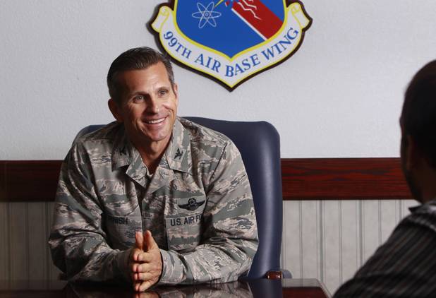 Colonel Barry Cornish, commander of the 99th Air Base Wing, smiles during a interview at Nellis Air Force Base Monday, Aug. 26, 2013.