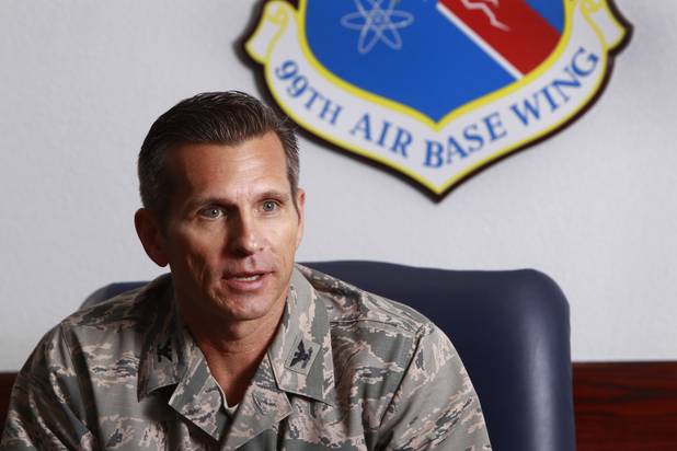 Colonel Barry Cornish, commander of the 99th Air Base Wing, responds to a question during a interview at Nellis Air Force Base Monday, Aug. 26, 2013.