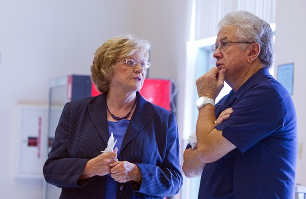 State Senator Joyce Woodhouse talks with City of Las Vegas Councilman Bob Coffin during the first day of school at Cambeiro Elementary School Monday, Aug. 26, 2013. The school is a "Zoom" school, one of 14 CCSD schools that will receive additional state money and resources to help students who don't speak English.