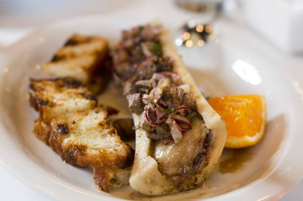 Bone marrow carne asada is displayed at the new Echo & Rig Butcher and Steakhouse, 440 S. Rampart Blvd., at Tivoli Village on Tuesday, Aug. 27, 2013.