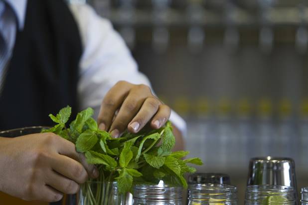 A bartender arranges mint leaves at the new Echo & Rig Butcher and Steakhouse, 440 S. Rampart Blvd., at Tivoli Village on Tuesday, Aug. 27, 2013.