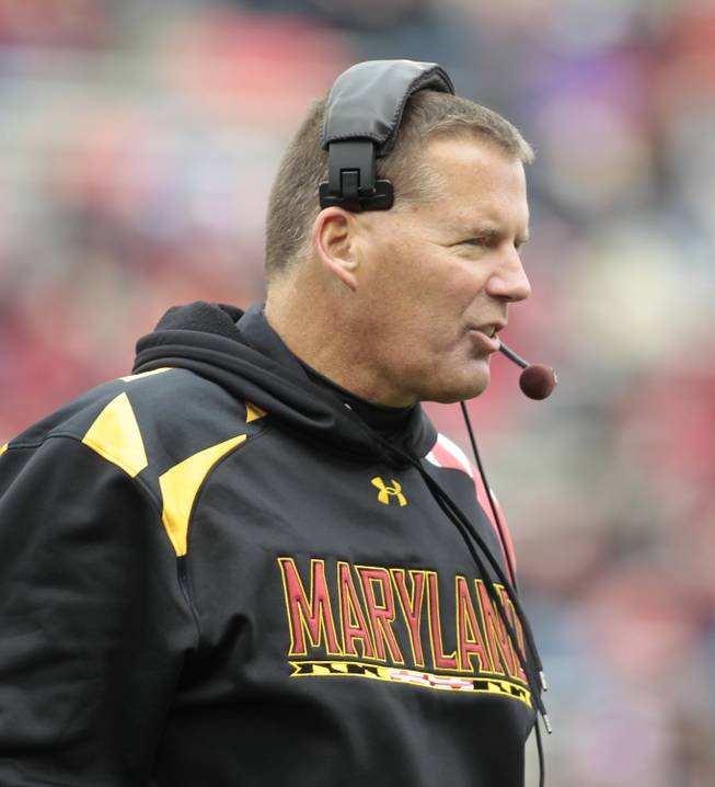 Maryland head coach Randy Edsall walks off the field during an injury time-out in the second half of an NCAA football game against Georgia Tech, Saturday, Nov. 3, 2012, in College Park, Md. Georgia Tech won 33-13