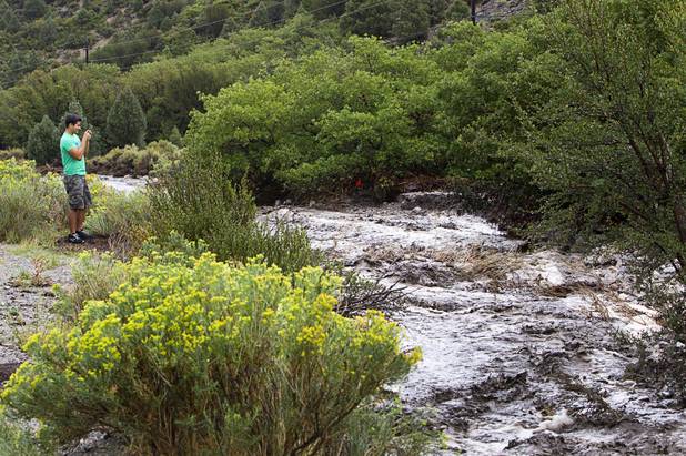 Marco Martinez Jr. takes a video of storm runoff along Kyle Canyon Road on Mount Charleston Sunday, Sept. 1, 2013.