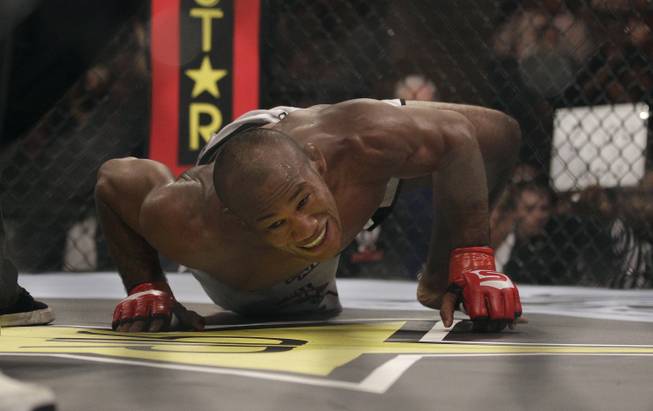 Ronaldo "Jacare" Souza, from Brazil, celebrates after beating Robbie Lawler during a Strikeforce Middleweight Championship mixed martial arts fight in San Jose Calif., Saturday, Jan. 29, 2011