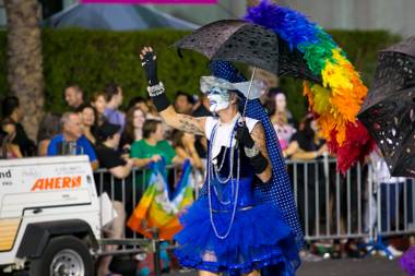 The Sin Sity Sisters of Perpetual Indulgence participate in the 15th annual PRIDE night parade in downtown Las Vegas, Friday Sept. 6, 2013.