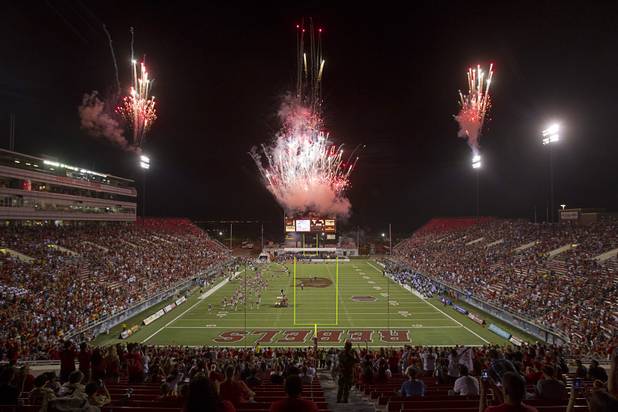 Fireworks explode before UNLV's home opener against the University of Arizona at Sam Boyd Stadium Saturday, Sept. 7, 2013.