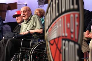 Former UNLV coach Jerry Tarkanian and other inductees take part in a news conference before their induction into the Naismith Memorial Basketball Hall of Fame Saturday, Sept. 7, 2013 in Springfield, Mass.