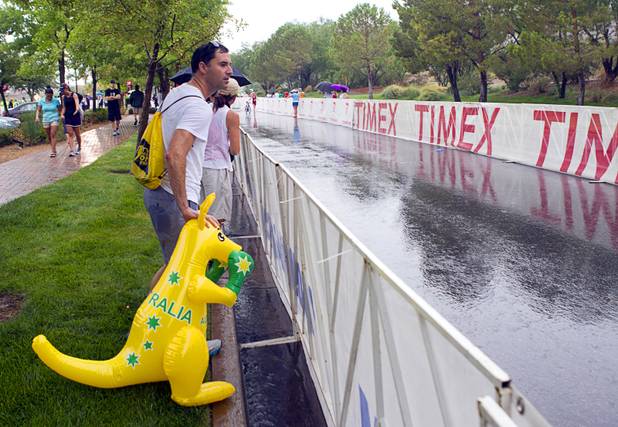 Triston Cameron holds a blow-up kangaroo to cheer on the Australian athletes during the Ironman 70.3 World Championship in Henderson Sunday, Sept. 8, 2013. More than 1,800 athletes from around the U.S. and 53 countries qualified for the event.