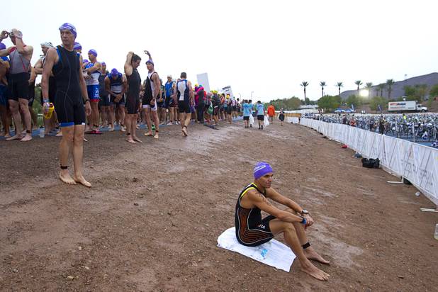 Mark Jensen, 46, of Jensen Beach, Florida waits for the start of his division during the Ironman 70.3 World Championship in Henderson Sunday, Sept. 8, 2013. More than 1,800 athletes from around the U.S. and 53 countries qualified for the event.
