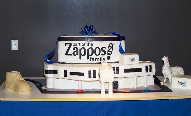 A cake in the shape of  the new Zappos headquarters (the old city hall building) is shown before the grand opening ceremony for the new Zappos headquarters in the downtown Monday, Sept. 9, 2013.