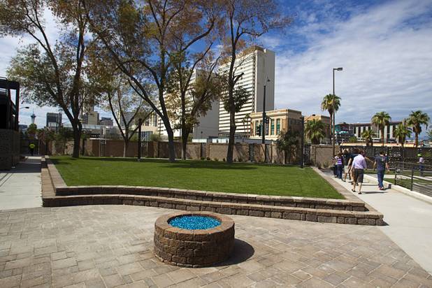 A fire pit is shown in "The Backyard" during a tour of the Zappos headquarters in the old city hall building downtown Monday, Sept. 9, 2013. The downtown headquarters officially opened Monday.