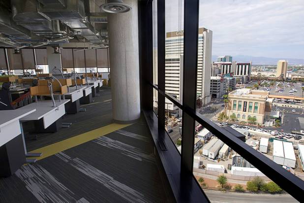 A view from the 10th floor of the Zappos headquarters in the old city hall building downtown Monday, Sept. 9, 2013. This area used to be the mayor's office. The downtown headquarters officially opened Monday.