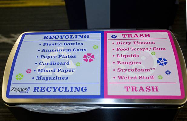 Trash cans are shown during a tour of the Zappos headquarters in the old city hall building downtown Monday, Sept. 9, 2013. The downtown headquarters officially opened Monday.