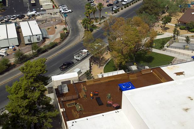 A view of the outdoor terrace at the Z Cafe during a tour of the Zappos headquarters in the old city hall building downtown Monday, Sept. 9, 2013. The downtown headquarters officially opened Monday.