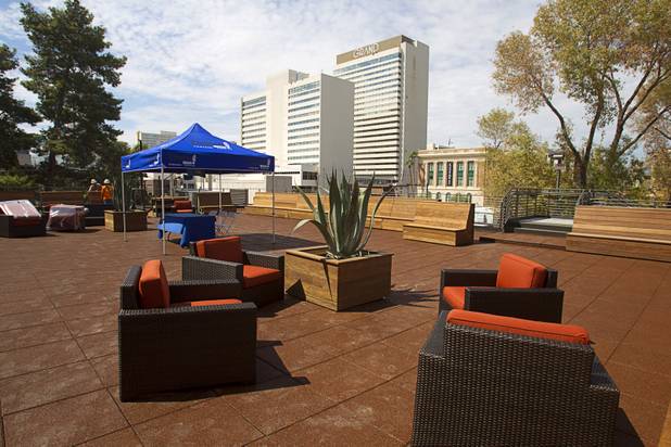 A view of the outdoor terrace at the Z Cafe during a tour of the Zappos headquarters in the old city hall building downtown Monday, Sept. 9, 2013. The downtown headquarters officially opened Monday.