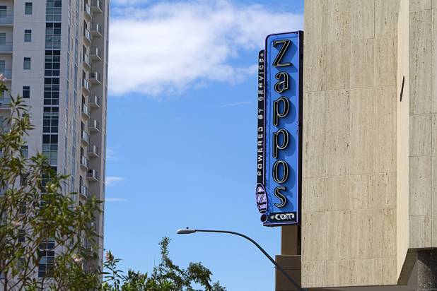 A Zappos sign adorns the new headquarters in the old city hall building downtown Monday, Sept. 9, 2013. The downtown headquarters officially opened Monday.