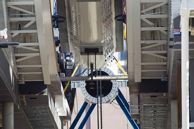 The High Roller observation wheel waits for the final segment of the outer wheel to be installed Monday, September 9, 2013. The final segment was installed Tuesday. The 550-foot tall observation wheel, which will be the tallest in the world when completed, is the centerpiece of of the $550 million Linq entertainment district being built by Caesars Entertainment Corp.