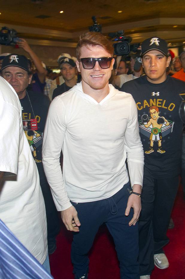 Undefeated boxer Canelo Alvarez of Mexico arrives at the MGM Grand Tuesday, Sept. 10, 2013. Alvarez will face Floyd Mayweather Jr. in a WBC/WBA 154-pound title fight at the MGM Grand Garden Arena on Saturday.