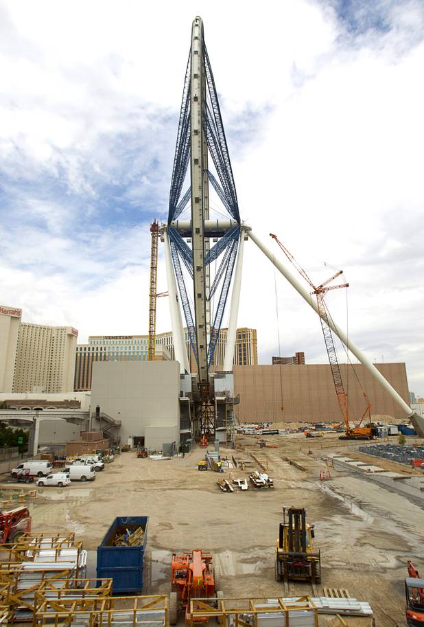 The High Roller observation wheel is shown under construction Tuesday, September 10, 2013. The final segment of the outer wheel was installed Tuesday. The 550-foot tall observation wheel, which will be the tallest in the world when completed, is the centerpiece of of the $550 million Linq entertainment district being built by Caesars Entertainment Corp.