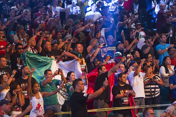 Fans of Canelo Alvarez of Mexico react as the undefeated boxer arrives during an official weigh-in at the MGM Grand Garden Arena Friday Sept. 13, 2013. Alvarez will face Floyd Mayweather Jr.in a WBC/WBA 154-pound title fight at the arena Saturday.