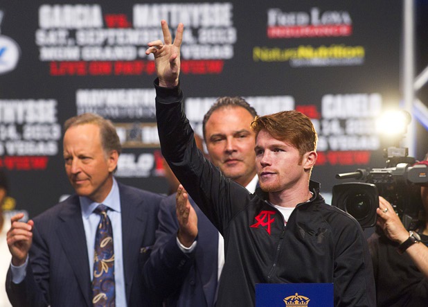 Canelo Alvarez of Mexico arrives for an official weigh-in at the MGM Grand Garden Arena Friday Sept. 13, 2013. Alvarez will face Floyd Mayweather Jr.in a WBC/WBA 154-pound title fight at the arena Saturday.