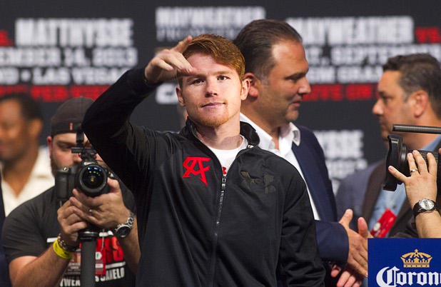Canelo Alvarez of Mexico arrives for an official weigh-in at the MGM Grand Garden Arena Friday Sept. 13, 2013. Alvarez will face Floyd Mayweather Jr.in a WBC/WBA 154-pound title fight at the arena Saturday.