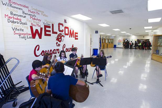 Guitar students practice in a hallway at Cashman Middle School Tuesday, Sept. 17, 2013. As the effects of the recession continue to affect school operations and deferred maintenance costs continue to rise, the CCSD is finding it difficult to maintain school facilities.