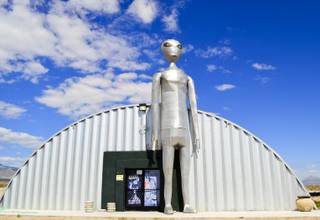 A tall, silver alien statute stands guard at the Alien Research Center in Crystal Springs on Monday, Sept. 16, 2013.
