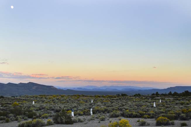 A field of concrete pillars, warning people not to excavate in the dirt, sits below Morey Peak in Nye County. The site, shown on Sept. 16, 2013, was prepared in the late 1960s by the Atomic Energy Commission for a below ground nuclear test. The plans were canceled.