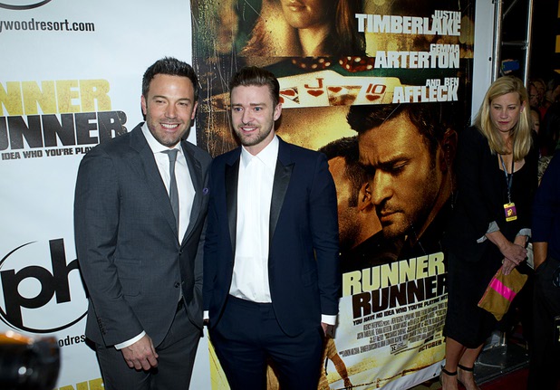 Actor/director Ben Affleck and singer/actor Justin Timberlake arrive for the world premiere of the Twentieth Century Fox and New Regency film "Runner Runner" at Planet Hollywood on Wednesday, Sept. 18, 2013.