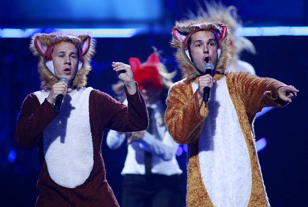 Norwegian duo Ylvis performs "The Fox" during the iHeartRadio Music Festival at MGM Grand Garden Arena on Friday, Sept. 20, 2013.