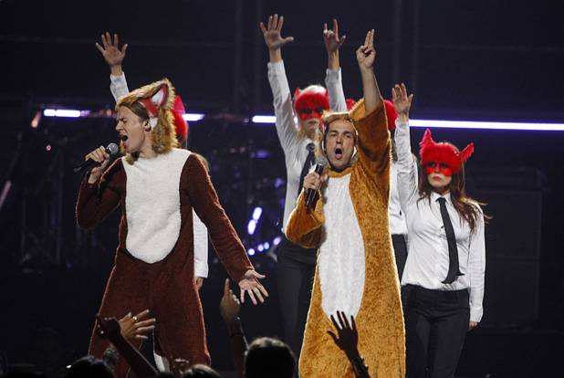 Norwegian duo Ylvis performs "The Fox" during the iHeartRadio Music Festival at MGM Grand Garden Arena on Friday, Sept. 20, 2013.