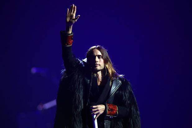 Thirty Seconds to Mars lead vocalist Jared Leto performs during the iHeartRadio Music Festival in the MGM Grand Garden Arena Saturday, Sept. 21, 2013.