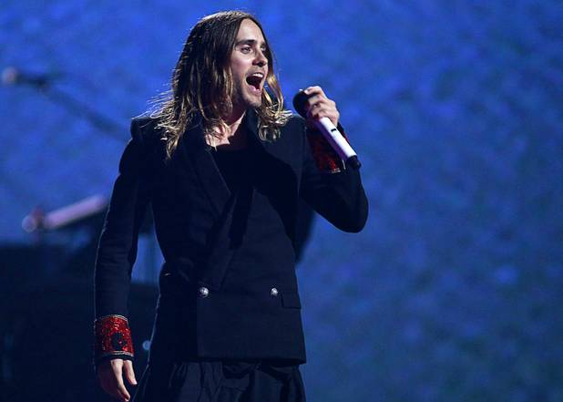 Thirty Seconds to Mars lead vocalist Jared Leto performs during the iHeartRadio Music Festival in the MGM Grand Garden Arena Saturday, Sept. 21, 2013.