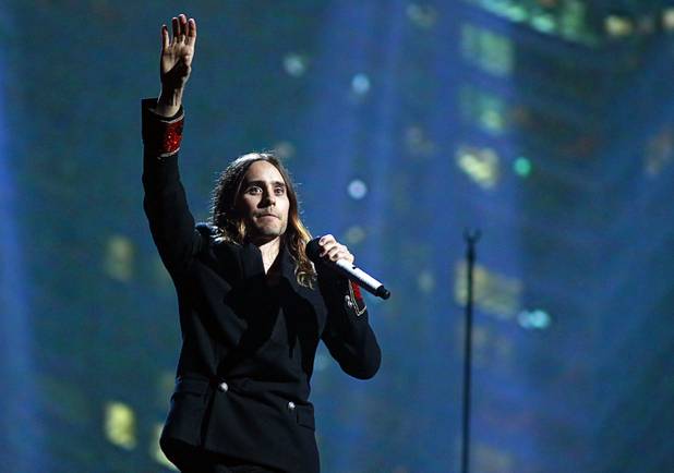Thirty Seconds to Mars lead vocalist Jared Leto performs during the iHeartRadio Music Festival in the MGM Grand Garden Arena Saturday, Sept. 21, 2013.