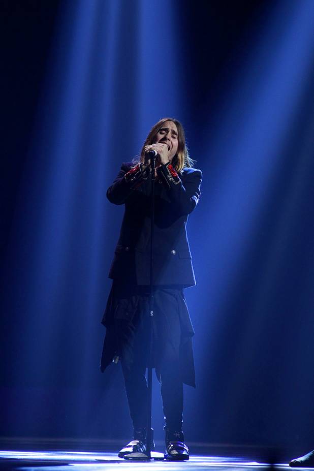 Thirty Seconds to Mars lead vocalist Jared Leto performs during the iHeartRadio Music Festival in the MGM Grand Garden Arena Saturday, Sept. 21, 2013.