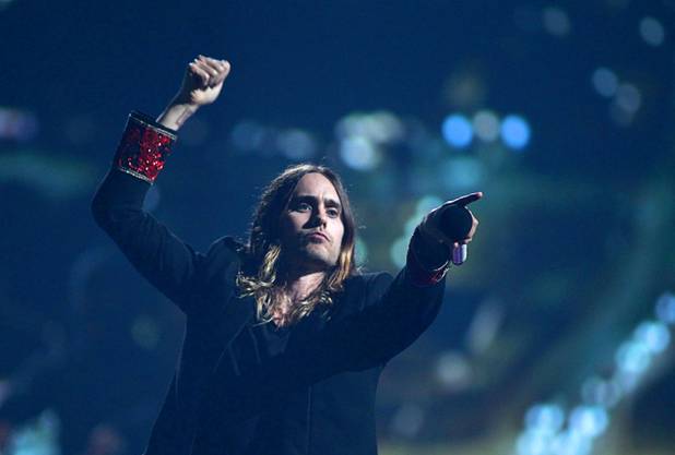 Thirty Seconds to Mars lead vocalist Jared Leto performs during the iHeartRadio Music Festival in the MGM Grand Garden Arena Saturday, Sept. 21, 2013.