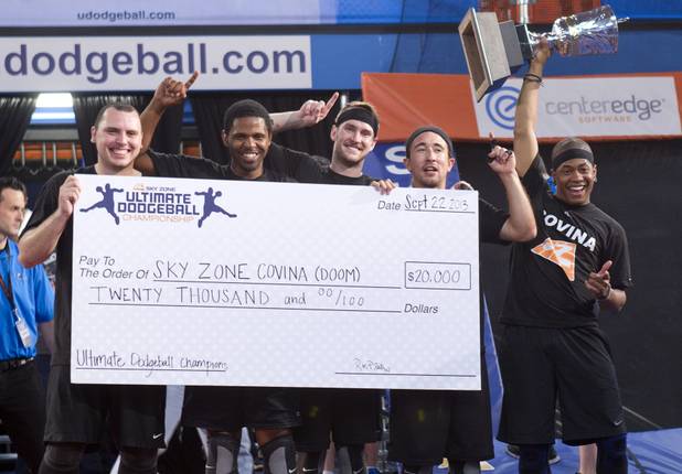 Members of the Covina (Calif.) "Doom" celebrate after defending their championship title during the 2013 Ultimate Dodgeball Championship at the SkyZone Las Vegas Trampoline Park, 7440 Dean Martin Dr., Sunday, Sept. 22, 2013. Teams from the U.S. and Canada competed for their share of $50,000 of prize money. The event was filmed for later broadcast on the Fox Sports Network.