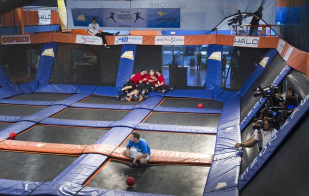Austin Morley of Grand Rapids, Mich. reacts as his team loses to Toronto during the semifinals of the 2013 Ultimate Dodgeball Championship at the SkyZone Las Vegas Trampoline Park, 7440 Dean Martin Dr., Sunday, Sept. 22, 2013. Teams from the U.S. and Canada competed for their share of $50,000 of prize money. The event was filmed for later broadcast on the Fox Sports Network.