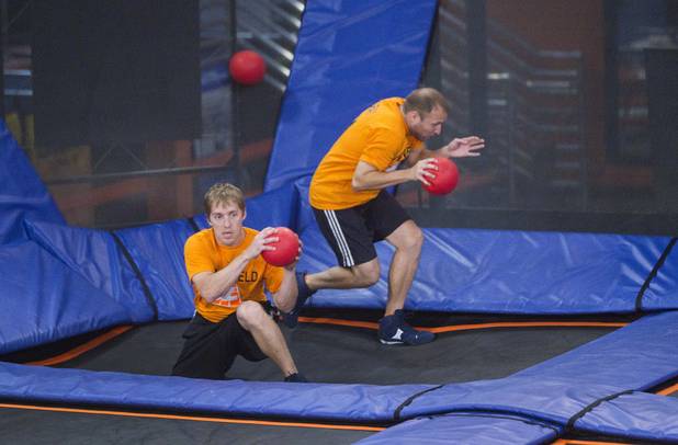 Plainfield (ind.) players practice before a match during the 2013 Ultimate Dodgeball Championship at the SkyZone Las Vegas Trampoline Park, 7440 Dean Martin Dr., Sunday, Sept. 22, 2013. Teams from the U.S. and Canada competed for their share of $50,000 of prize money. The event was filmed for later broadcast on the Fox Sports Network.