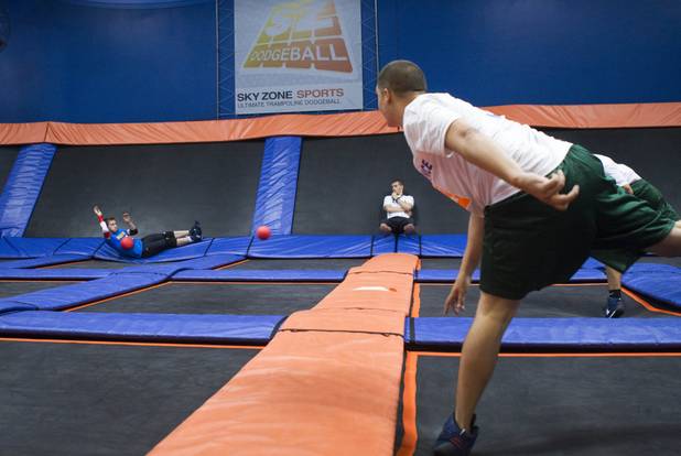 A Mississauga (Canada) player gets hit with a ball thrown by a Providence, R.I. player during the 2013 Ultimate Dodgeball Championship at the SkyZone Las Vegas Trampoline Park, 7440 Dean Martin Dr., Sunday, Sept. 22, 2013. Teams from the U.S. and Canada competed for their share of $50,000 of prize money. The event was filmed for later broadcast on the Fox Sports Network.