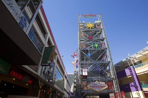 A rear view of the SlotZilla zipline platform under construction in downtown Las Vegas Monday, Sept. 23, 2013. The take-off tower is an 128-foot tall, 12-story slot machine-themed platform. The $11.5 million attraction is expected to open later this year.