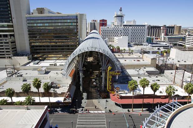 A view from the SlotZilla observation deck in downtown Las Vegas Monday, Sept. 23, 2013. The take-off tower is an 128-foot tall, 12-story slot machine-themed platform. The $11.5 million attraction is expected to open later this year.