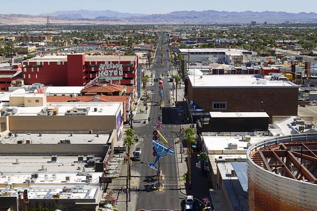 An eastbound view from the SlotZilla observation deck in downtown Las Vegas Monday, Sept. 23, 2013. The take-off tower is an 128-foot tall, 12-story slot machine-themed platform. The $11.5 million attraction is expected to open later this year.